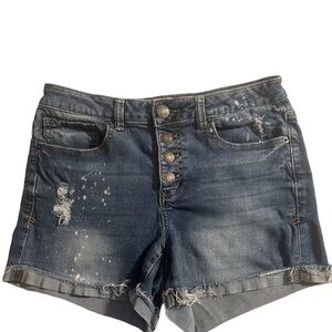 Mudd FLX Stretch Cotton Blue Jean Button Fly Rolled Raw Hem Mid Rise Shorts